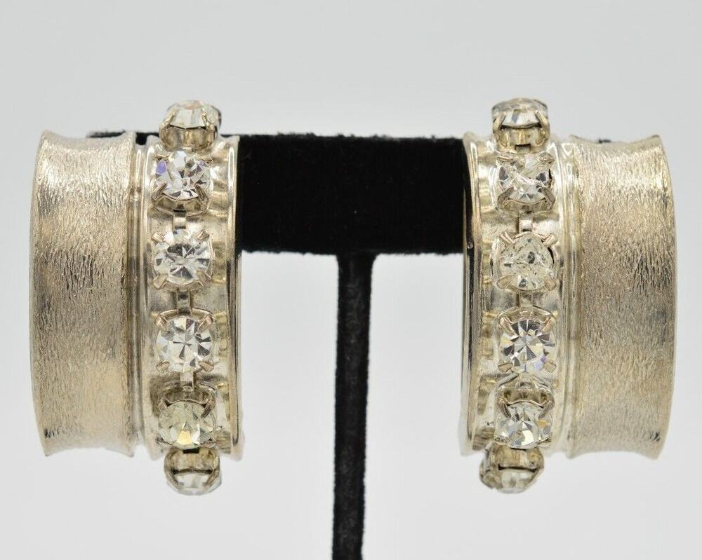Vintage Crystal Clip On Earrings Brushed Silver Rhinestone Chunky NOS 1980s 9D
